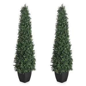 5FT Low-Maintenance Artificial Boxwood Cone Form Topiary Trees, 2-Pack Faux Potted Shrub Ornaments, Ideal for Front Porch Home Decor Plants, Perfect Gift