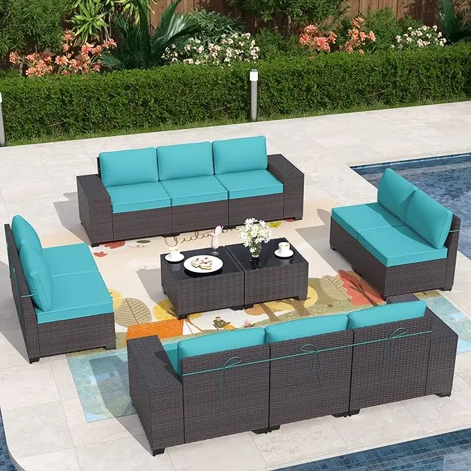 12-Piece Outdoor Rattan Sofa Set - Heavy-Duty Large Multi-Panel PE Manual Wicker Sectioned Sofa, Brown Conversation Set with 10 Seat Cushions and 2 Tempered Glass Tea Tables (Indoor-Outdoor Use), Heavy-Duty Sofa Sets, Large Sofa Sets
