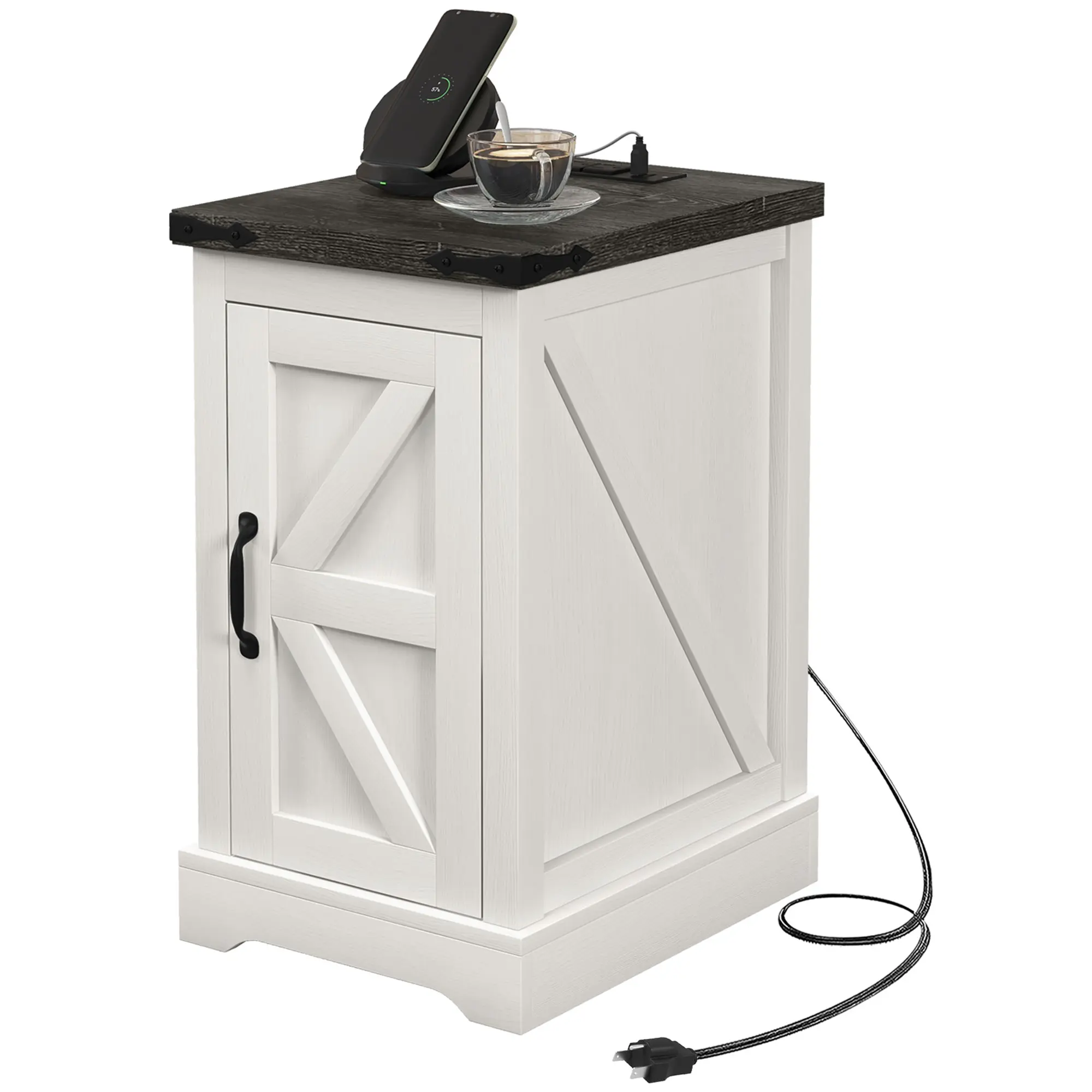 Distressed White Farmhouse End Table - Indoor Side Table with Storage, Charging Station, and USB Ports for Living Room