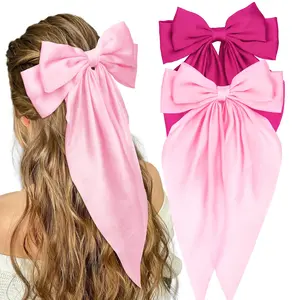 2Pcs Big Silky Hair Bows Clips for Women Girls Large Satin Bow Hair Clips Hair Barrettes Hair Ribbon with Long Tail Hot Pink Hair Clips Cute Hair Accessories for Women Girls