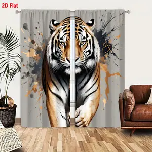 2D Flat Tiger Abstract Paint 2-Piece Curtain Set, Realistic Dynamic Tiger Close-Up with Dark Gray Brown Beige Splashes, Muted Gray Backdrop for Living Room Bedroom, Modern Artistic Design with Detailed Striped Fur