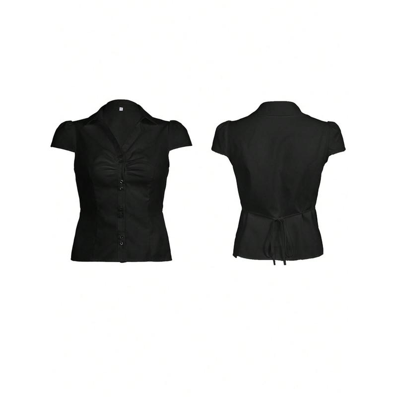 Women's Button Down Shirts Cap Sleeve Lapel Collar Tie Back Slim Fit Tops Summer Shirts Black Casual