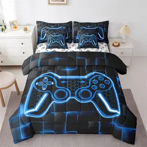 Gamer Bed in a Bag Set with Sheets, 7 Piece Blue and Black Bedding Set,Decor Honeycomb Gaming Ombre Bed in a Bag Geometric Square Bed Set,