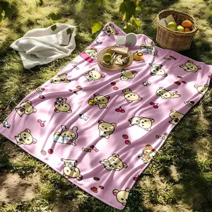 1 piece Relaxed and cute Rilakkuma with a pink background themed flannel blanket - Super soft flannel blanket, suitable for beds and sofas, all-season use, modern design, digitally printed pattern, 100% polyester material, machine washable