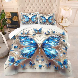 Butterfly-Pattern Bedding Set — 2/3-Piece Sapphire-Print Comforter Set. Single and Double Bed Size Design, offering luxurious and aesthetic bedroom decor that is soft and breathable. Includes 1 Quilt and 1 or 2 Pillowcases.