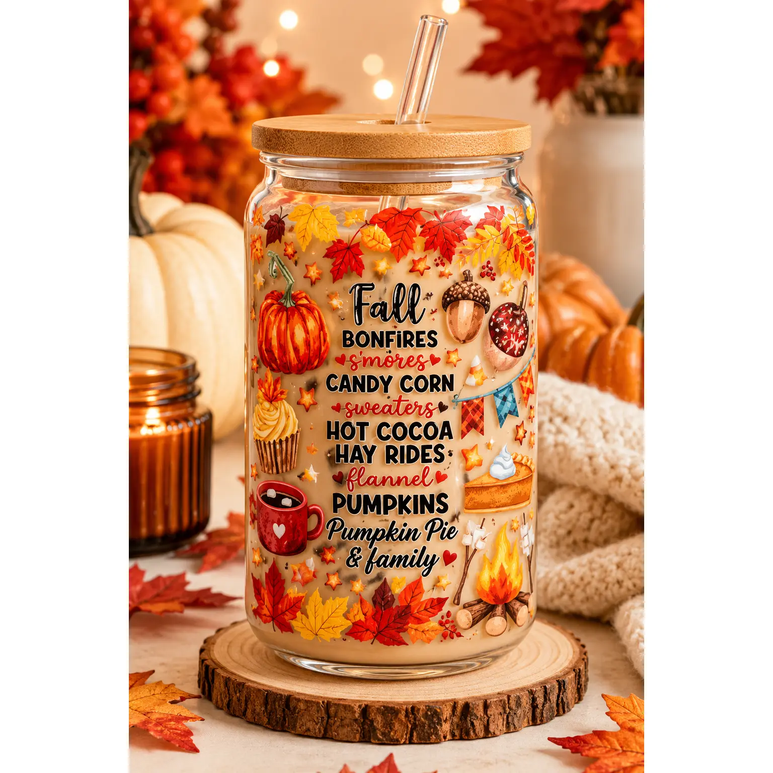 Fall Favorites Glass  Cup | 16oz Autumn fall cup