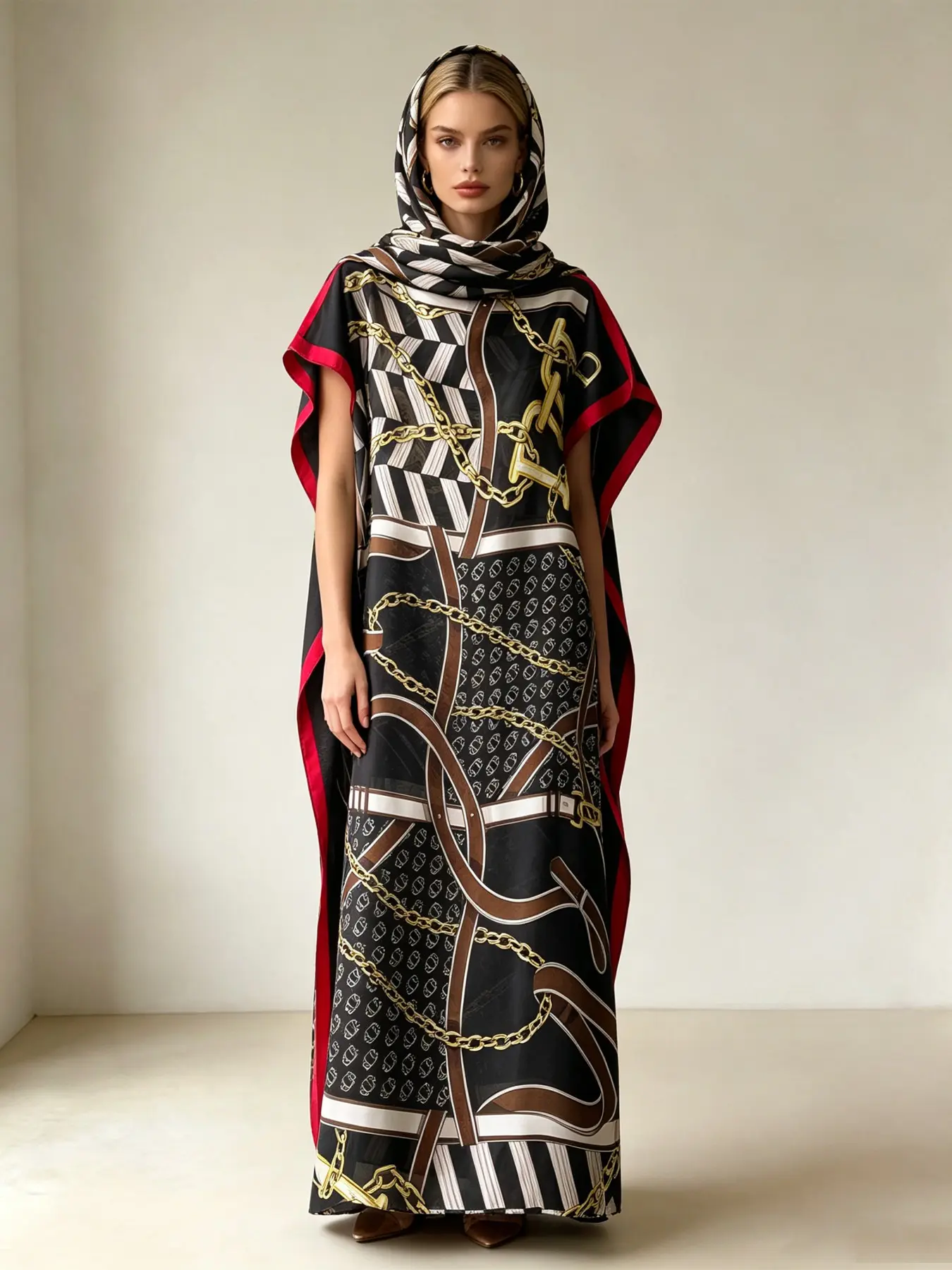 Fashionable Horseback Riding Chain Robe and Headscarf Set, Versatile Multi-Piece for Gatherings, Travels, and Daily Wear