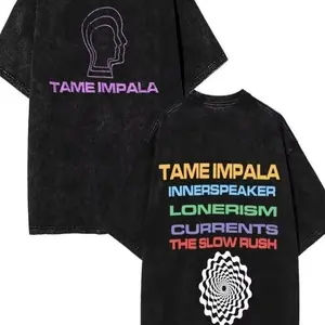 Tame Impala Print T-Shirt - 230G Heavy-Washed Cotton Vintage Music Tee with, Loose Fit Short-Sleeve for All-Season Casual Wear (Machine Washable) - Indie Streetwear Top Retro Double-Sided Water Wash T-Shirt TBR 54A