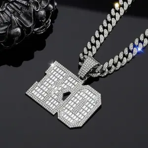 Men's Custom Hip-Hop Full Diamond KO Letter Pendant, European-American Trend Rap Fashion Personality Accessory with Super Flash High-Density Cuban Clavicle Chain, Custom Pendant
