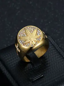 Men's Stainless Steel Hip Hop Ring, Statement Ring, Fashionable Maple Leaf Design, Rhinestone Cross Pendant, Casual Jewelry Accessory
