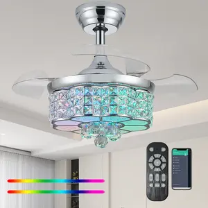 Zynfandor 30" RGB Crystal Retractable Ceiling Fan with Light Dimmable LED Chandelier, Remote & App Control, 6-Speed Timer, Memory Function for Bedroom Living Room,Silver