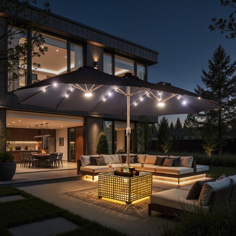【Solar Lights Umbrella & Table】Ovios 15ft Double-Sided Patio Solar Lights Umbrella with 25" Coffee Table , Outdoor Large Umbrellas with Crank Handle and 36 LED Lights, Rectangular Market Umbrella with Base Included for Deck Pool Shade