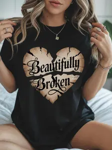 Women's Broken Heart & Letter Print Round Neck Tee, Vintage Trendy Casual Short Sleeve T-shirt for Daily Wear, Ladies Summer, Top