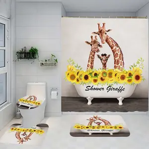 Giraffe Pattern Shower Curtain Set with Rug, Non-Slip Bath Mat, U-Shaped Toilet Lid Cover Pad, Modern Home Decor Accessories