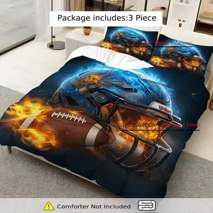 3pcs Football Helmet Print Quilt Set, Soft Polyester Fabric, Zipper Design, Modern Style Bedding Essentials, Must-Have Home Decor