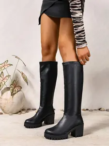 Women's Plus Size Over-The-Knee Boots, Fall Winter New European Style Round Toe Chunky Heel Thick Sole Knight Boots, Heeled Knee Boots