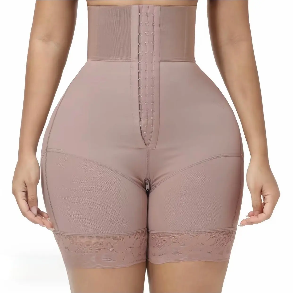 Women's High Waist Shaper Shorts, Strapless Tummy Control Shapewear with Butt Lifter, Zipper Crotch, and Lace Trim, Comfortable