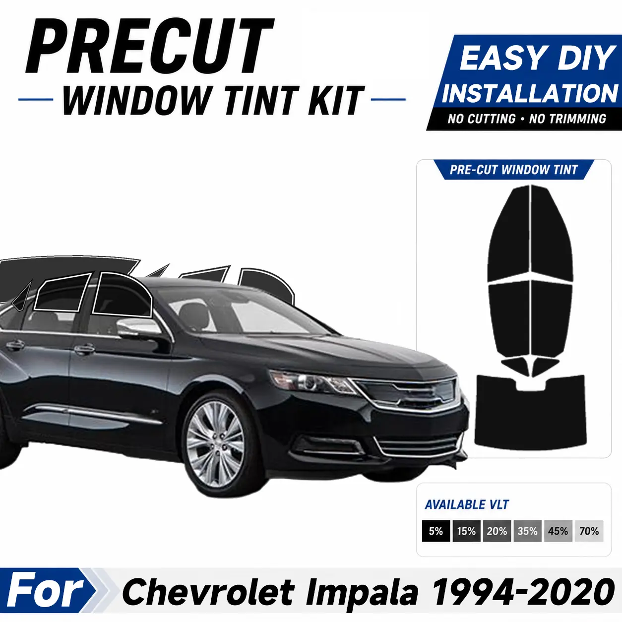 Automotive Custom Size Precut Window Tint - Easy to Apply Installation Pre Cut Tint Kit, Sun protection UV Protection & Car For Chevrolet Impala 1994-2020