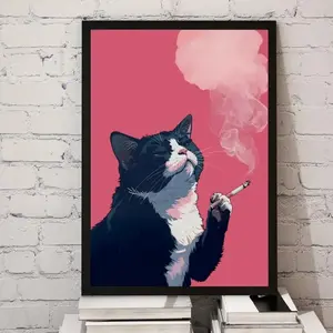 Black Cat Pink Painting, Cat Smoking a Cigarette, Cat Wall Art, Cat Print, Cat Portrait, Unique Gift, Black Kitten Painting, Printable Art