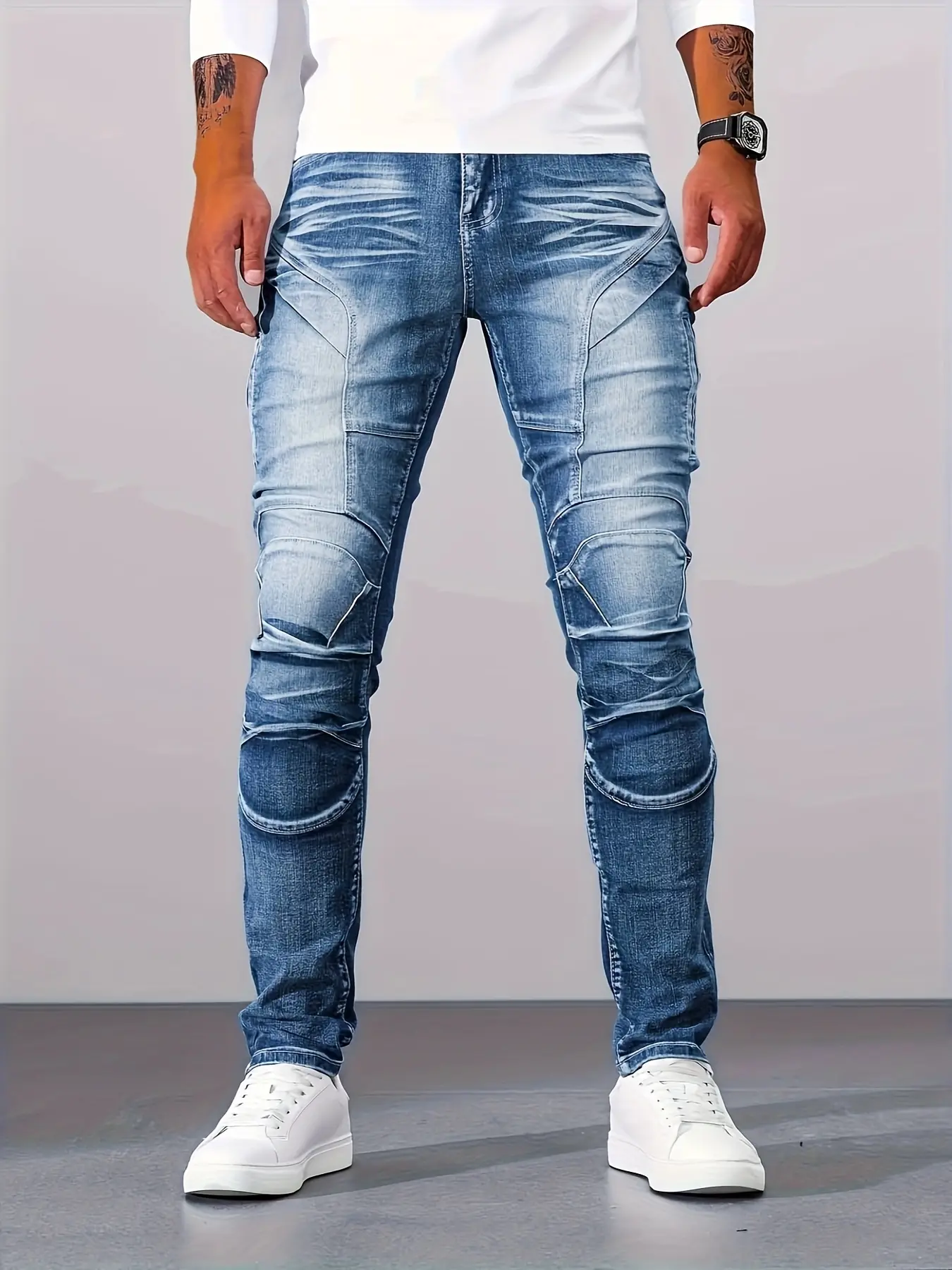 Men’s Light Blue Stretch Bike Jeans – Slim-Fit Tactical Denim Pants with Articulated Knee Panels and Whiskering Fade, Sizes S–XL. Streetwear #MotoJeans #Y2Kfashion #TikTokMadeMeBuyIt