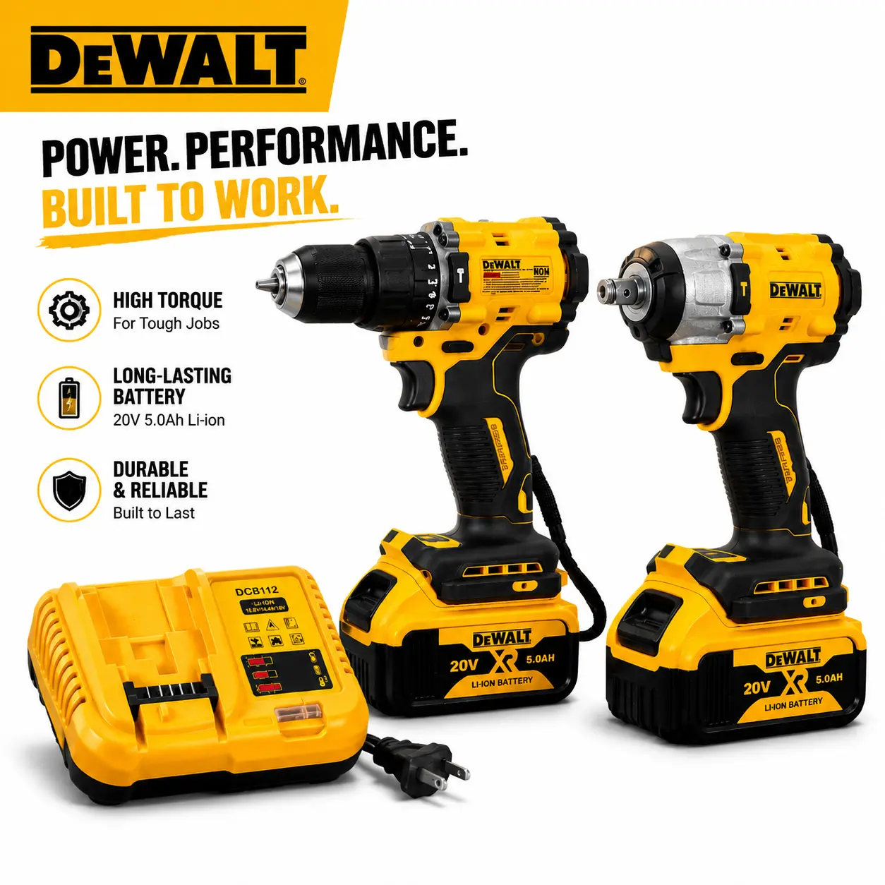 ()DEWALT Yellow Drill & Wrench Combo Kit, Powerful Drilling and Fastening Tool Set, Durable Metal Gear + High Strength Plastic Construction, High Torque Performance Lightweight Design, DIY Power Tools Home Improvement Essentials, Garage Workshop Repair