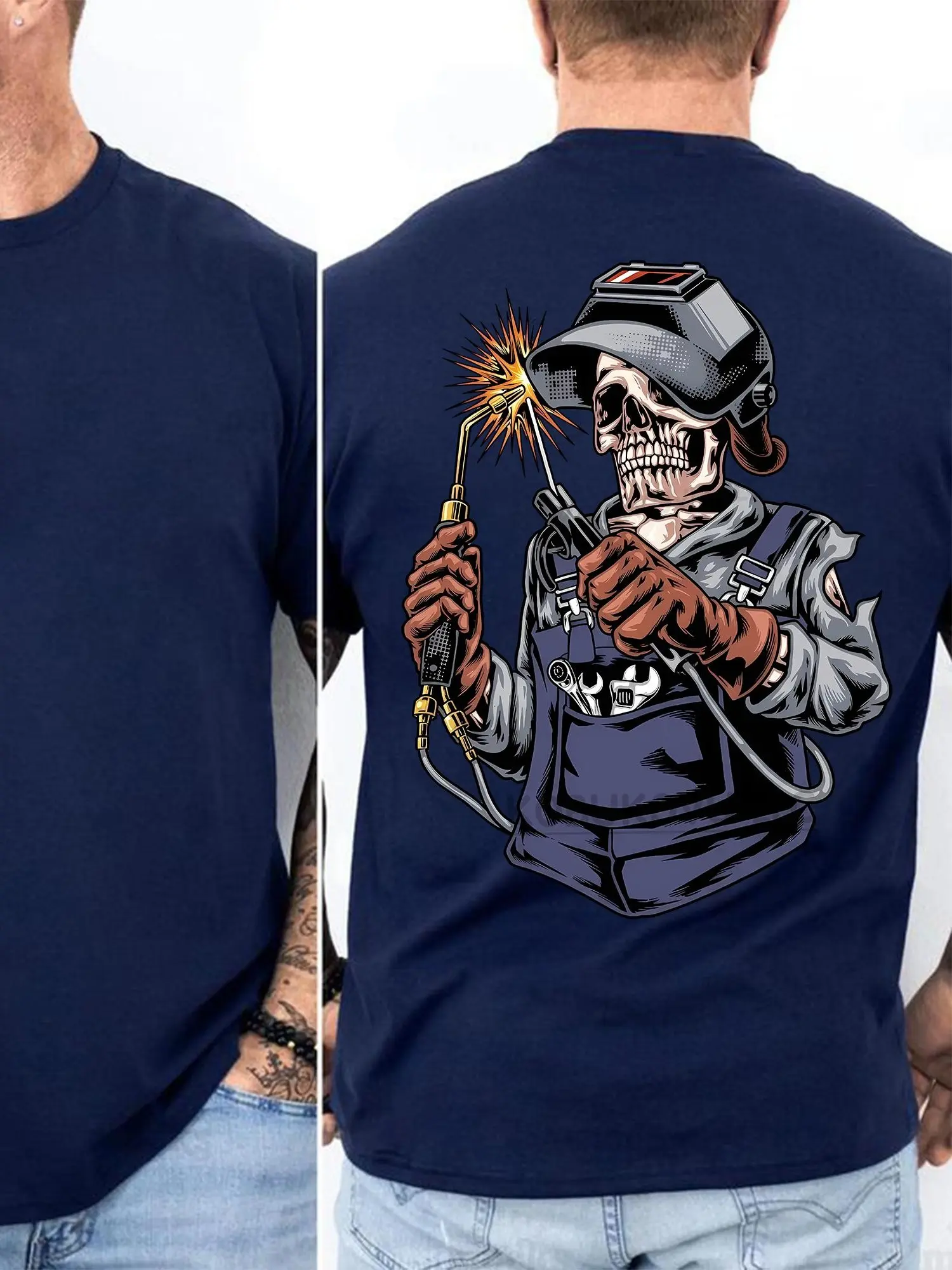 Skeleton Welder T-shirt with Spark Torch and Welding Helmet Graphic, 2 Sides Hardcore Tradesman Tee, Soft Cotton Blend Shirt for Welders, Fabricators, and Blue Collar Workers Living the Welding Life