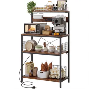 4-Tier Freestanding Kitchen Baker's Rack with Power Outlet - Kitchen Organization House Organizers with charge, Coffee Bar Station, Microwave Oven Stand, Adjustable Spices Shelves, Indoor Furniture Appliance Organizer