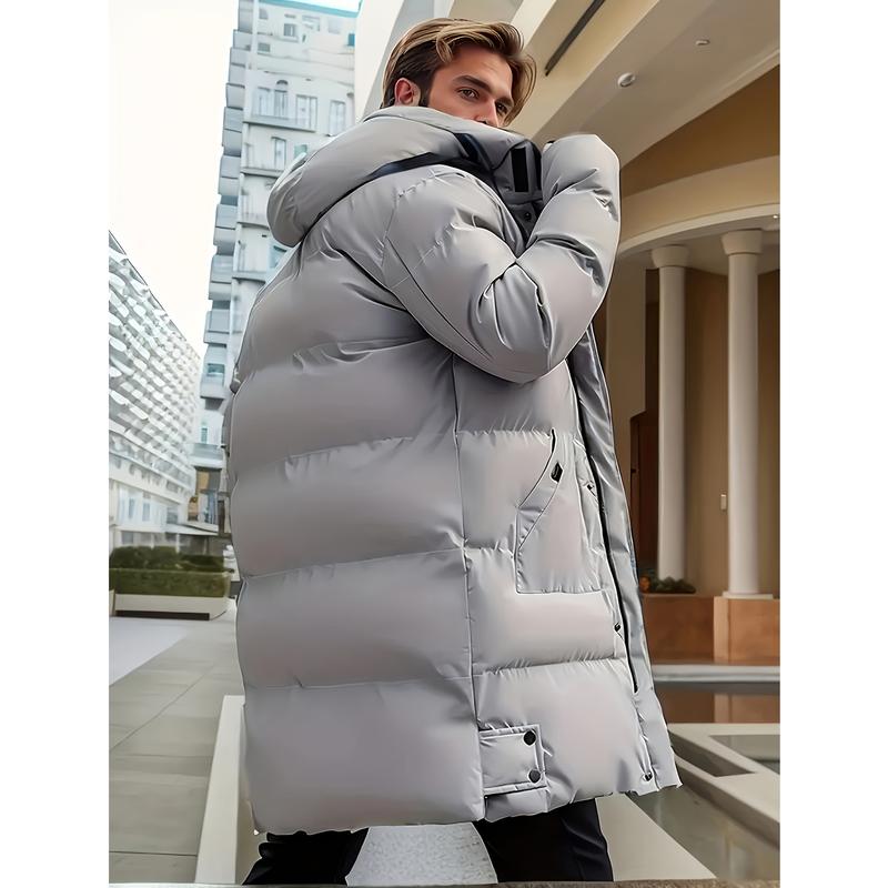 Men's long coat with hood, warm and thick polyester fiber, large pockets, zippered winter jacket, suitable for casual wear, essential for cold weather