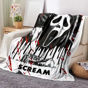 Ghost Face Pattern Blanket with Storage Bag, 1 Count Soft Comfortable Warm Napping Throw Blanket, Cool Bedroom Bedding Blankets for Home Office Travel Camping, Soft Fleece Blanket, Lightweight Blanket