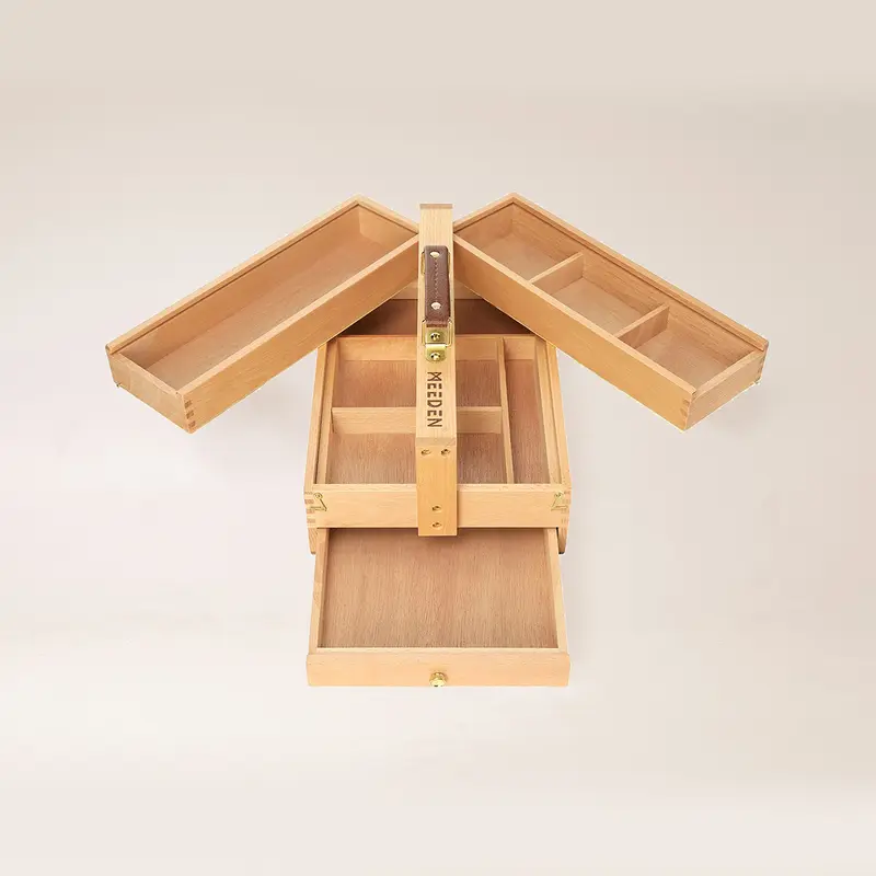 MEEDEN Foldable Beech Wood Art Box with Drawers - Finger-Joint Construction Desk Organizer, Beautiful Wooden Storage, 6" H Compact Fold-Flat Portable, Genuine Leather Accents, Latch, 8 Compartments, Brass Hinges (14-1/4" W×9-1/4" D×6" H) for Crafters