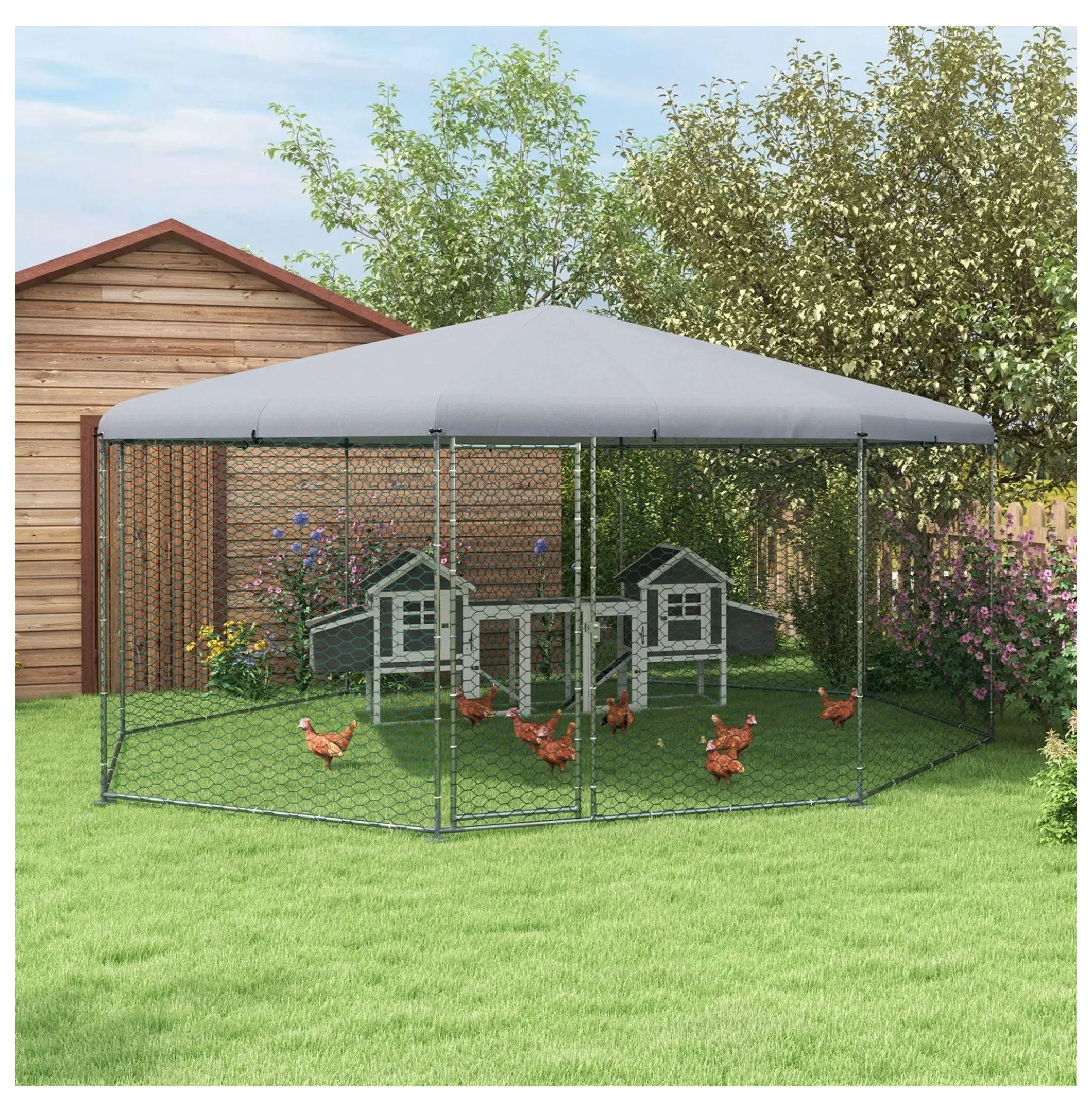 Chicken Run for 19-25 Chickens, 17.1x15.7ft Outdoor Coop Enclosure with Cover Silver, Waterproof, Steel