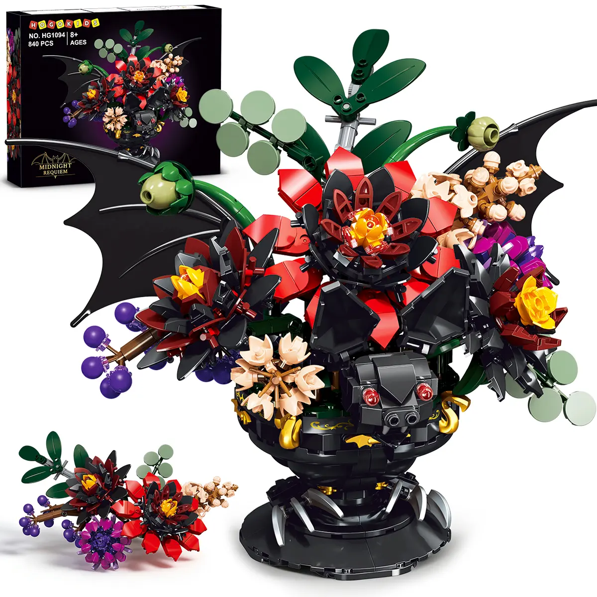 HOGOKIDS Gothic Black Dahlia Flower Building Set – DIY Floral Bouquet with Bat Guardian Pot, Dark Romantic Home Decor, Forever Bloom Gift for Women, Mom, Wife, Girlfriend (840PCS)