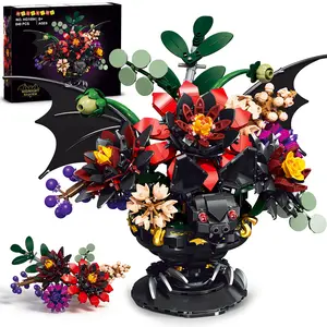 Bat Gothic Flower Building Set – DIY Black Floral Bouquet with Bat Pot, Dark Home Decor for Halloween, Unique Gift for Women, Mom, Wife, Girlfriend (840PCS)