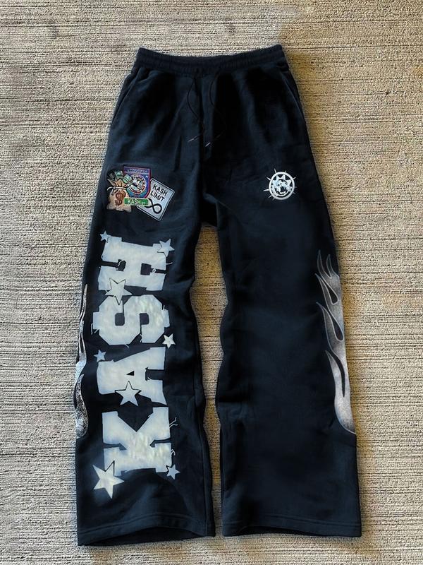 Trendy Black Fleece - lined Sweatpants with "KASH" Lettering, Star and Flame Graphics, Ideal for Street - style and Hip - hop Wear, Trending on TikTok #Sweatpants #StreetFashion #TikTokTrend, Sports Casual Pants