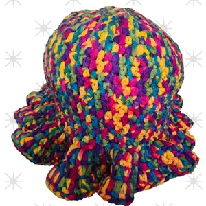 Crochet Ruffle Hat and Bow Headband Handmade Set (Rainbow)