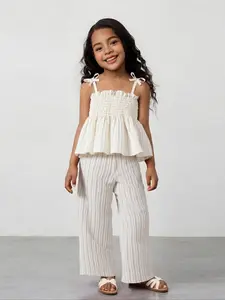 Girls' Bow Tie Backless Top & Wide Leg Pants Set, Summer Casual Fitted Two-Piece, Thin Woven Fabric, Cute Style