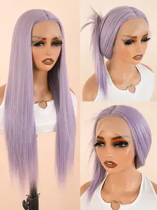 Light Purple 13x4 Lace Front Wig, Lavender Long Straight Synthetic Hair, Transparent HD Lace, No Glue, Natural Look, Halloween Cosplay Party, Straight Synthetic Wigs
