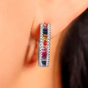 925 Sterling Silver Multi-Color Princess-Cut Baguette Eternity Style Hoop Earrings