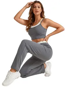 Spring New Women's Sports Set, Fake Two-Piece Tank Top Bra and High Waist Sporty Long Pants, High Elasticity, Ideal for Running, Indoor Sports