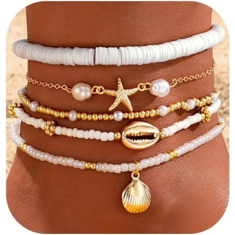 Boho Shell Ankle Bracelet Set for Women, 5 Pairs 14K Boho Bead Handmade Adjustable Anklet, Hawaiian Beach Seashell Starfish Foot Jewelry Gifts