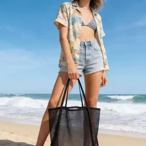 Women's Nylon Foldable Beach Bag, Multi-Purpose Grid Design, Lightweight & Spacious Storage Solution, Ideal for Travel & Outdoor Use