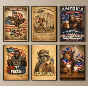 Bigfoot & Raccoon celebrate 4th July unframed poster, Funky Western Memorial Day Wall Art, Independence Day print, Cabin Room Decor, Gift for Dad Him