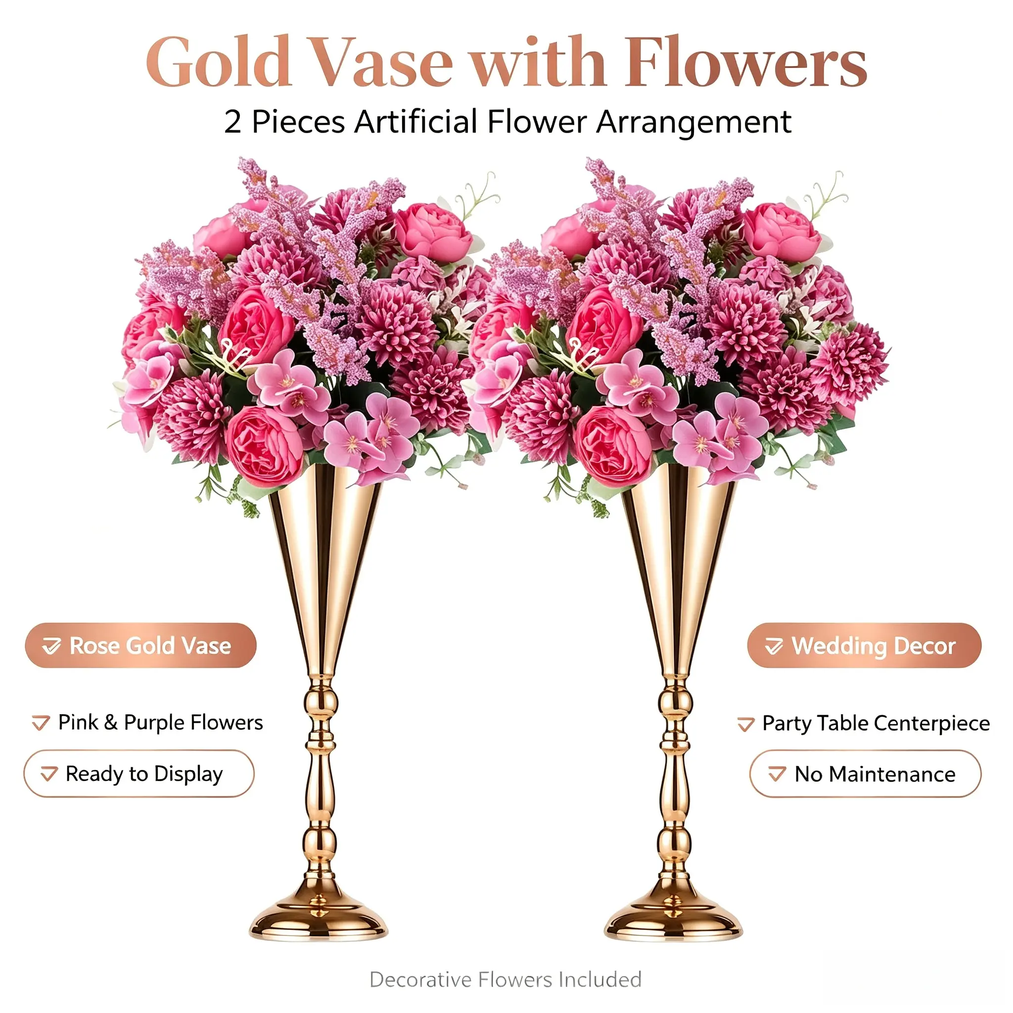 Event-Ready Gold Metal Iron Trumpet Vase Set (2-Piece, 0-50 cm) – Decorative Wedding Flower Vases for Home Decor Tabletop, Living Room Centerpieces