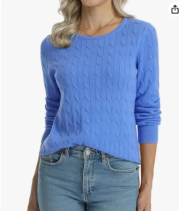 QUALFORT Women's Cable-Knit Crew Neck Sweater, Classic 100% Cotton Long Sleeve Pullover Top, Soft Lightweight Basic Top