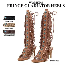 CYNLLIO Womens Gladiator Knee High Heels Open Round Toe Stiletto High Heel Fringe Lace Up Strappy Peep Toe Fashionable Modern Party Holiday Outing Dating Concert Cosplay Casual Dress Spring Summer Boho Style Sandal Shoes