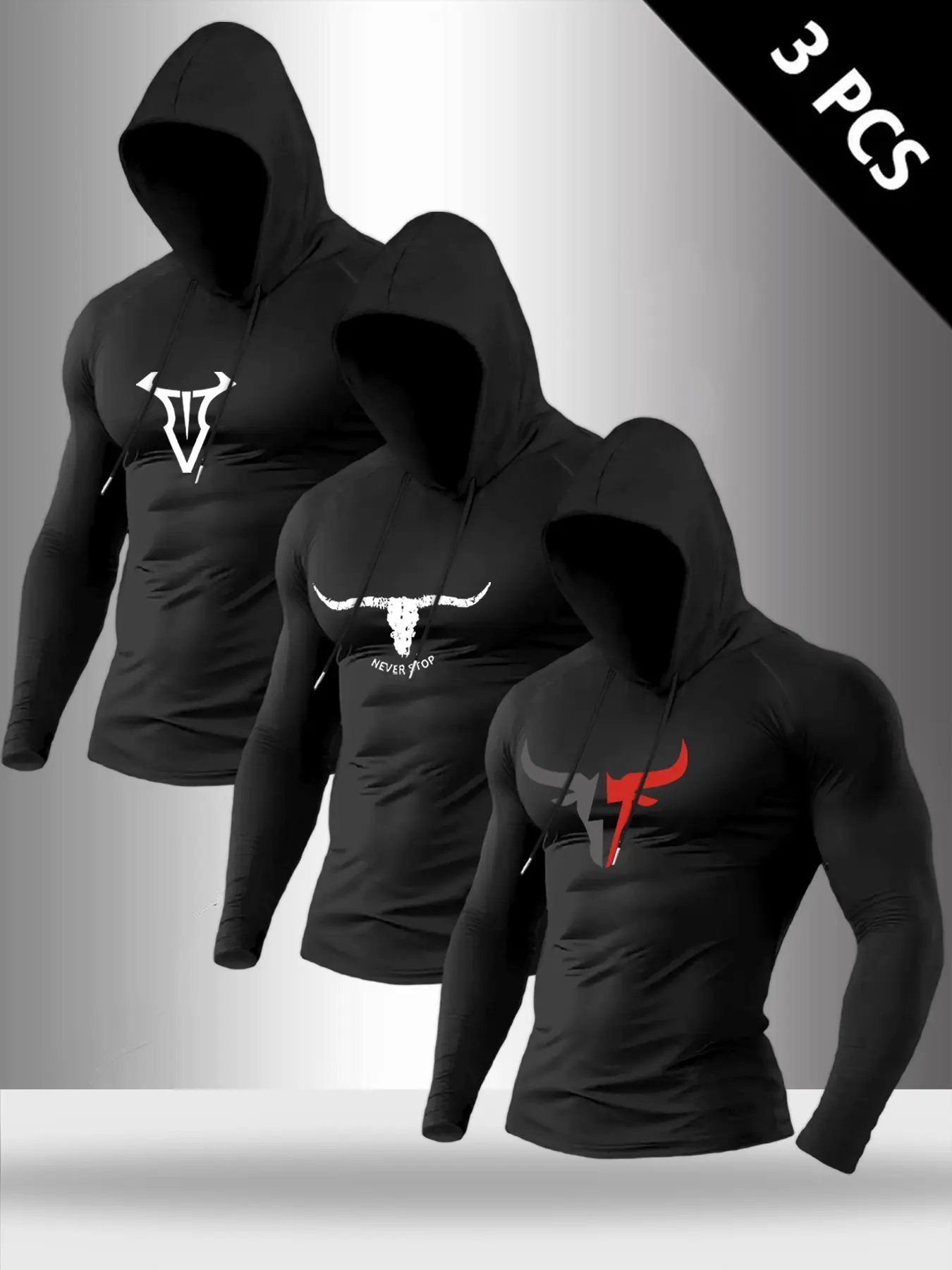 Men's Cow Head Print Hooded Long Sleeve T-Shirt, Comfortable Durable Fabric, 3 Pack Casual Fashion Top for Daily Wear & Outdoor Sports, Athletic Hoodies, Animal Pattern Sportswear