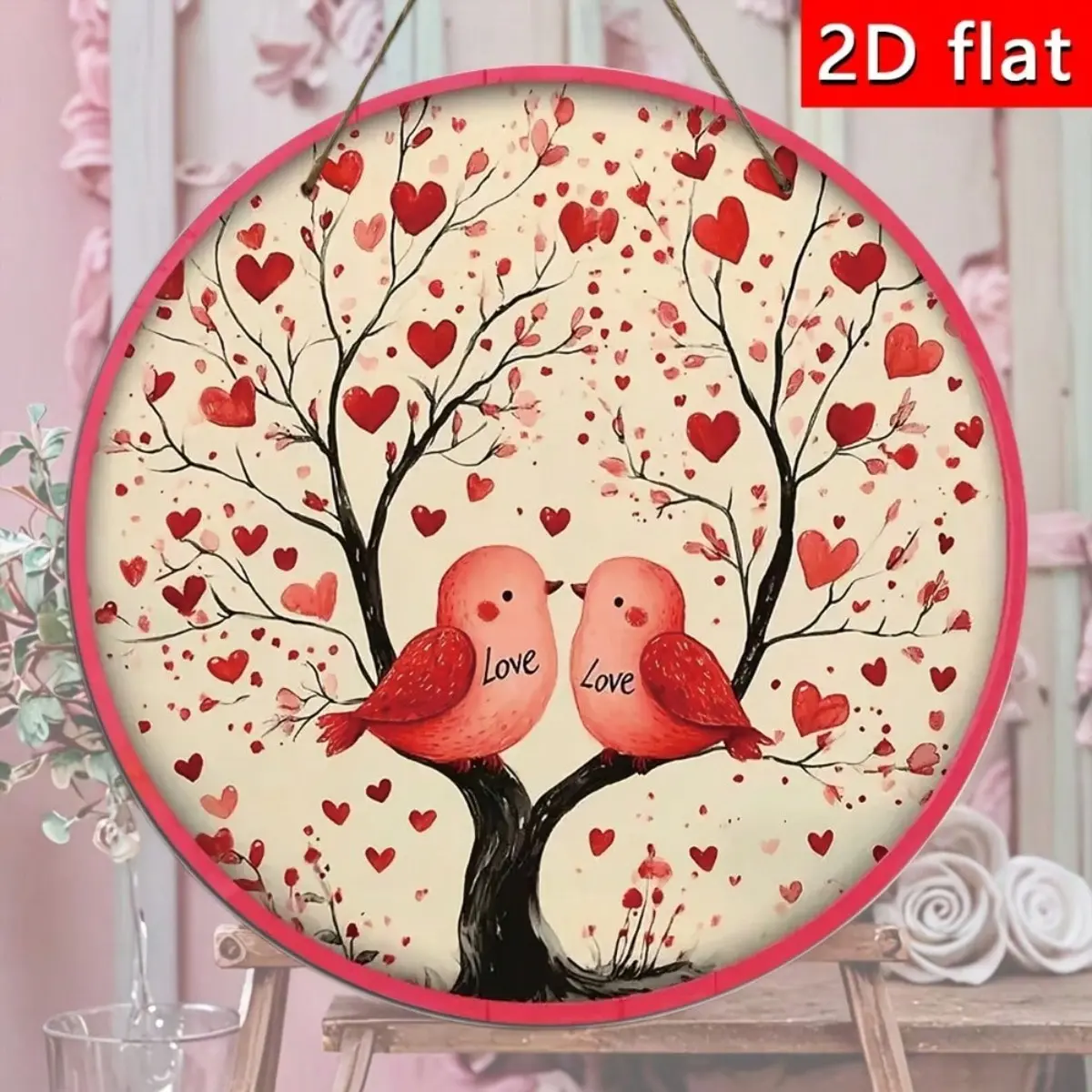 ENKIPPER Wooden Door Hanger Sign for Valentine's Day, Romantic Heart-Shaped Bird Door Decor, 2D Flat Round Welcome Plaque for Front Door