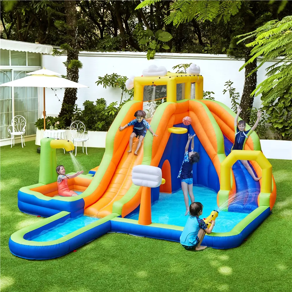 Yaheetech Cooling 10-in-1 Inflatable Rainbow & Clouds Water Slide Combo - Kiddie Pool with Slide, 2 Pools, Large Climbing Wall, Tunnel, Double Lane, 650W Blower, Storage Bag for 3-10 Year Olds' Outdoor Play
