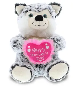 DOLLIBU Embroidered Heart Polyester Sitting Husky Stuffed Toy - Super-Soft Plush Mothers Day Gift