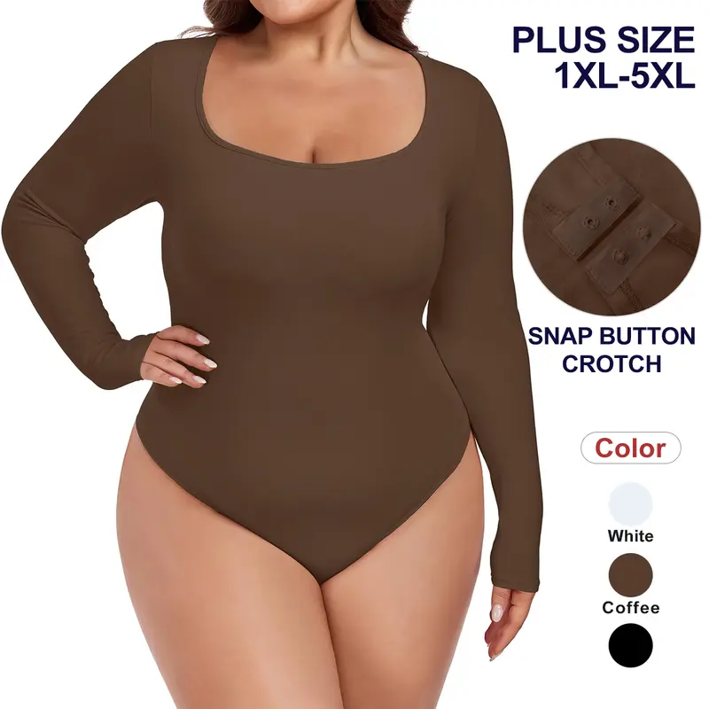 COOTRY Plus Size Women's Long Sleeve Scoop Neck Thong Bodysuit - Ultra Stretch, Slim Fit, Button Closure, Adjustable, Basic Winter Going Out Top - Christmas, Coffee Themed, Plus Size Women's Clothing, Going Out Apparel